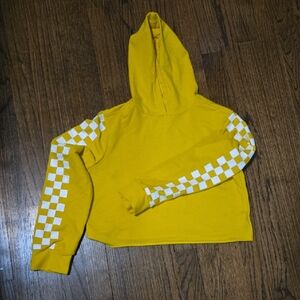 Yellow Checkerboard Sleeve Hooded Crop Sweatshirt
